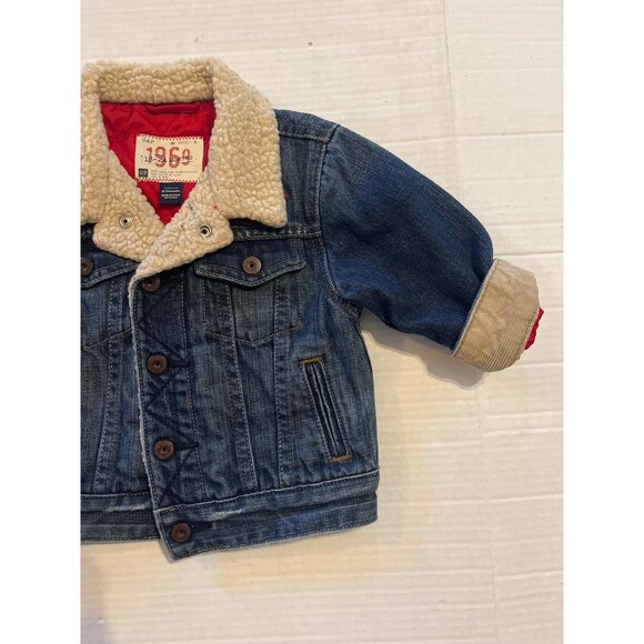 Gap Toddler Moto Club Denim Jacket Sherpa Collar Red Quilted Lining 18-24 Months - Picture 7 of 10